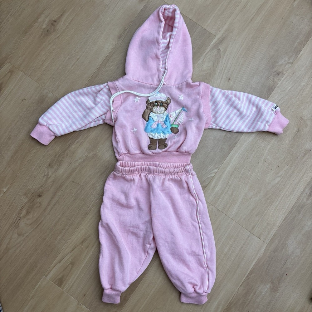 VTG 80's Joggles Girls Sweatsuit 18 Months Pink Bear Sailboat Embroidered EUC